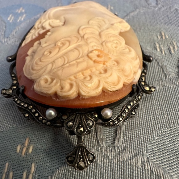 Antique Vintage Womens Pin Pendant 925 Sterling Silver Shell Cameo Brooch - Picture 14 of 16